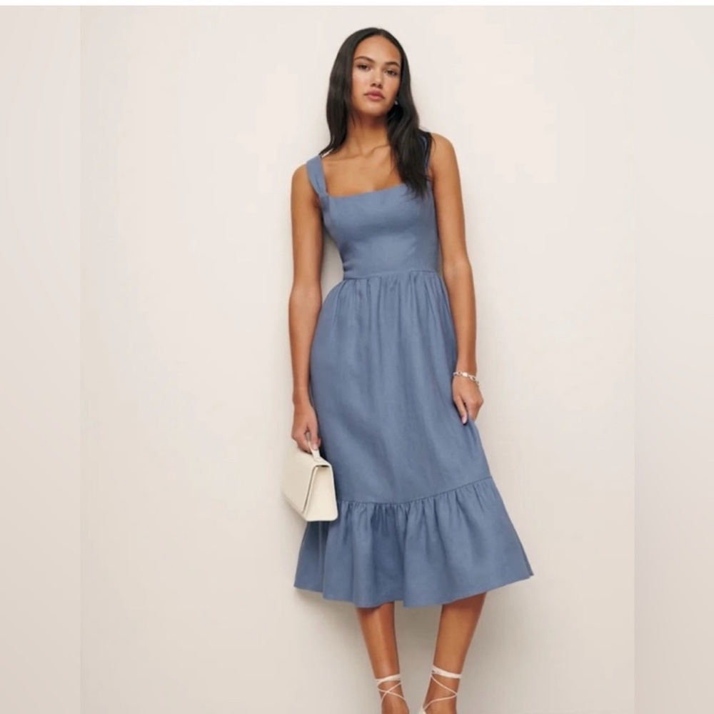 Reformation Blue Square Neck Midi Dress